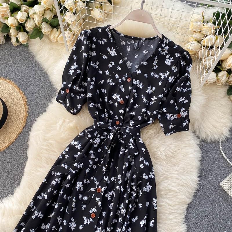 Gufrina Dresses For Women Half Sleeve || Floral Print || V-Neck And Puff Sleeves || Front Open Button & Tie-Up || Midi Dress (Bl
