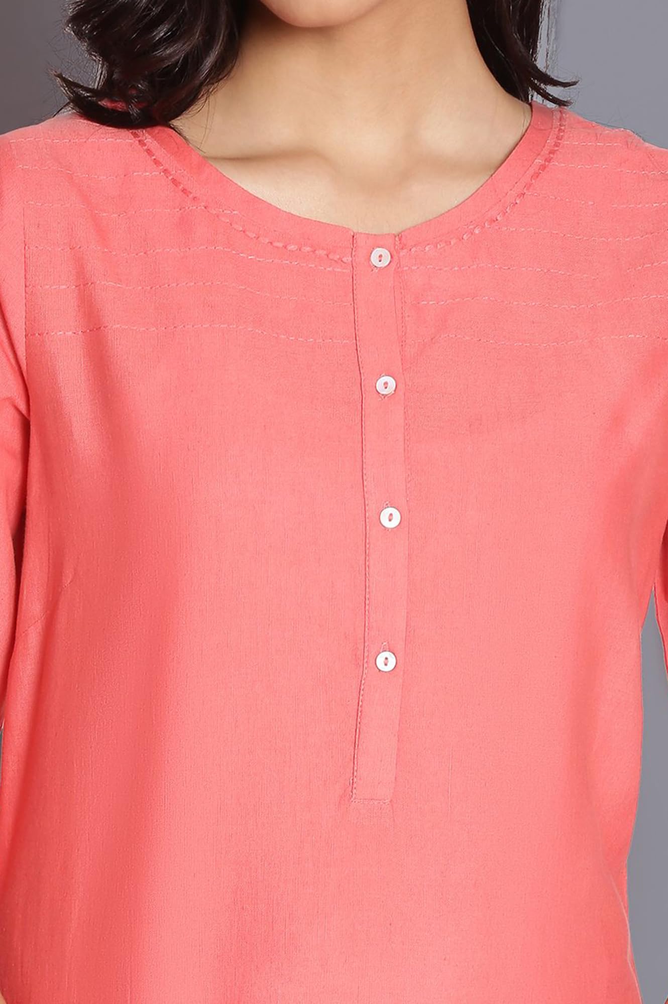 W for Woman Yellow and Peach Solid Thread Work Straight Cotton Flax Kurta Combo