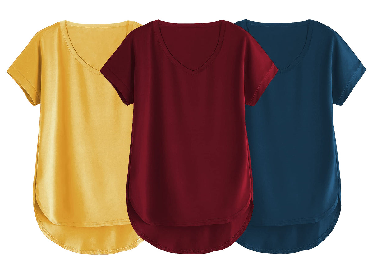 Fabricorn Combo Of Three Plain Maroon, Mustard Yellow And Airforce Blue V-Neck Up And Down Cotton Tshirt For Women (Maroon, Must
