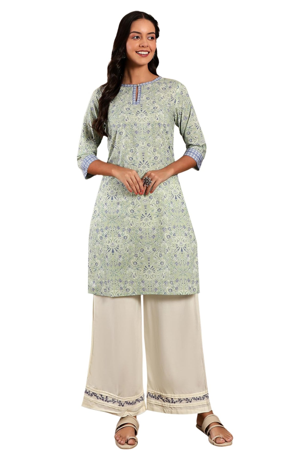 W For Woman Light Green Floral Printed Cotton Regular Kurta