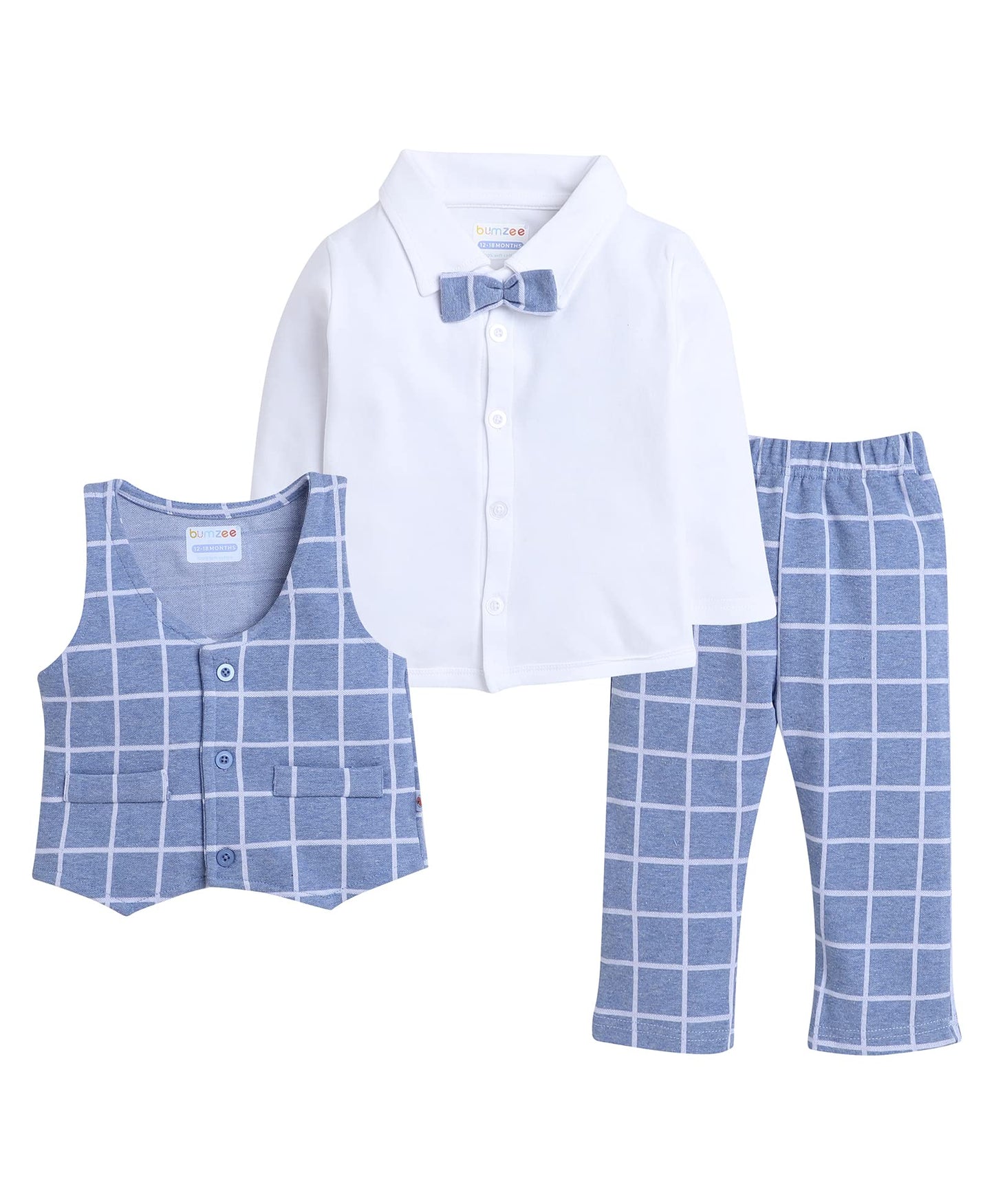 BUMZEE Unisex Cotton Sky Blue & White Boys Full Sleeves Shirt Waistcoat & Pant Set with Applique Bow Age-2-3 Years