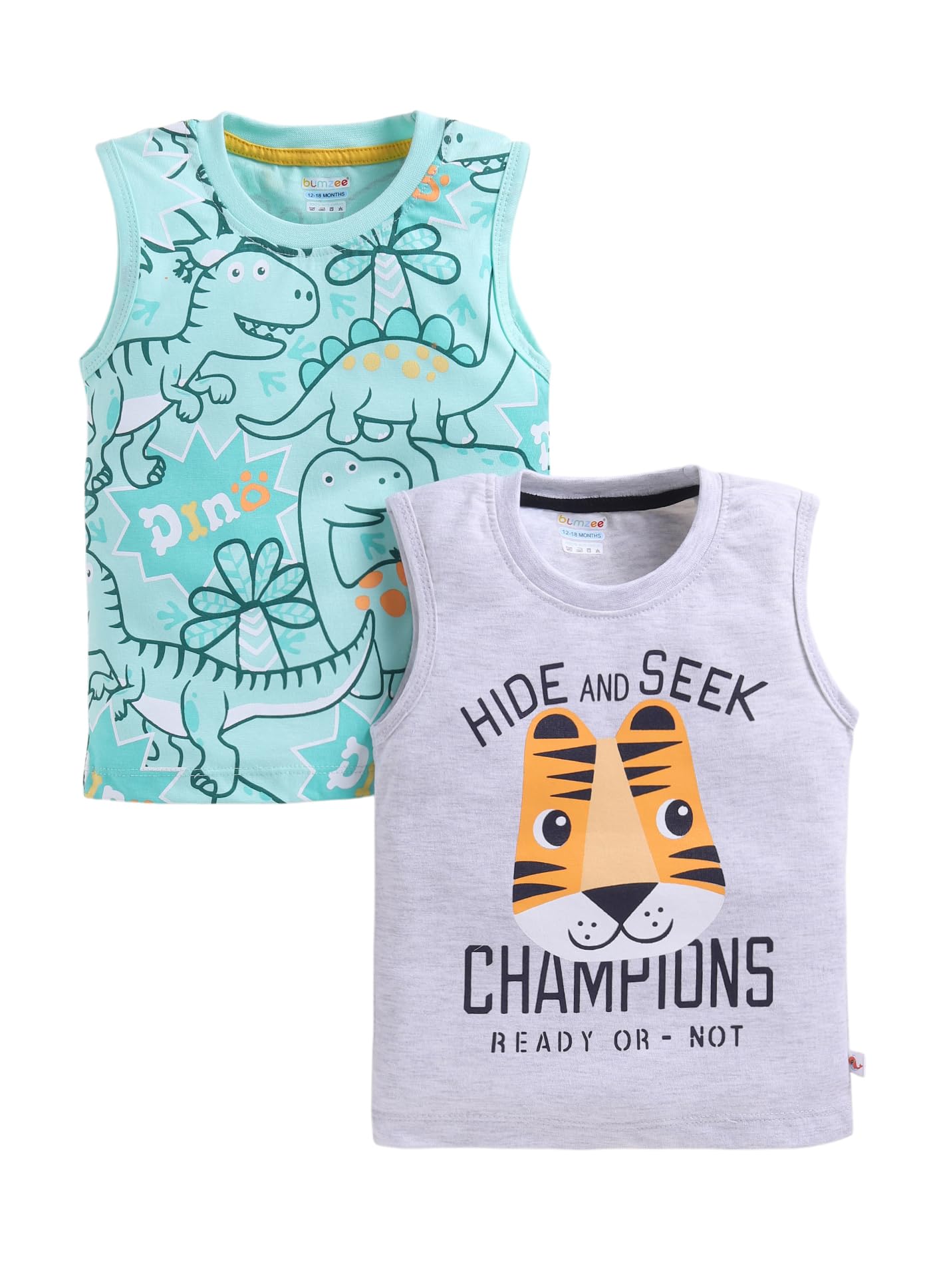 BUMZEE Boys Cotton Sleeveless Animal Print Regular Fit T-Shirt Pack of 2 Grey & Mint Green - 12-18 Months (Peb11514D-gry)