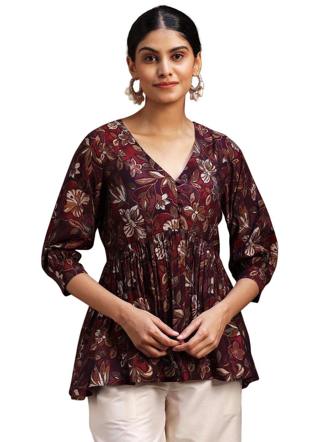 Libas WomenS Silk Blend Printed A-Line Kurti (29114Or_Burgundy