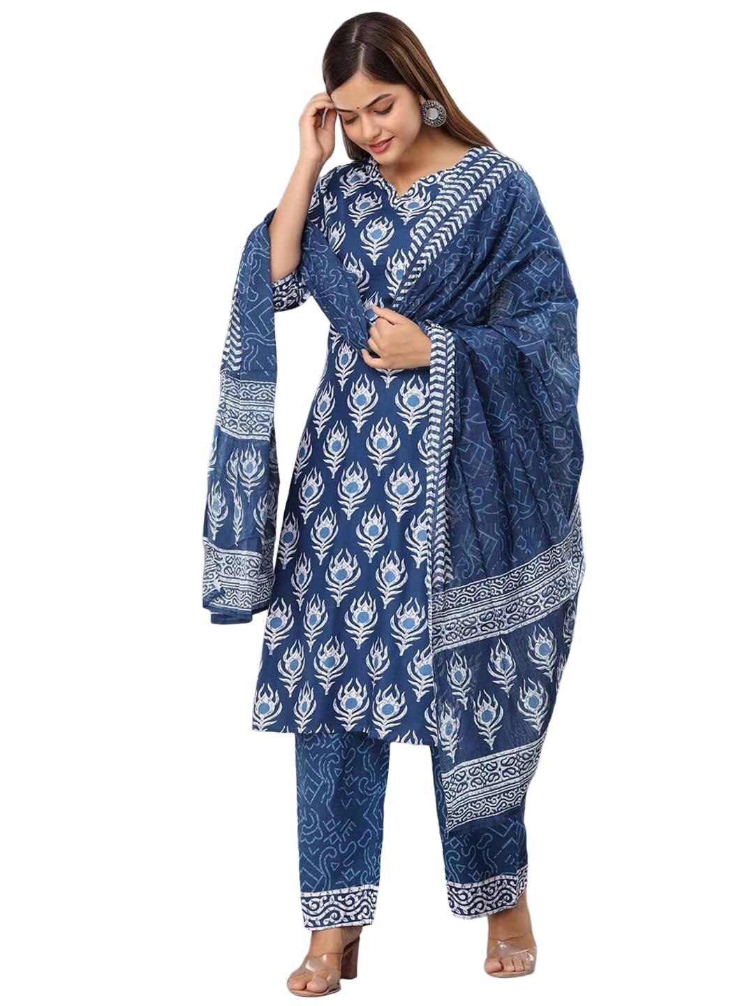 Tee Projekt WomenS Cotton Blend Sweetheart Neck Straight Kurta Pant With Dupatta Set Ll Block Printed Kurta Set For Women Ll Fe