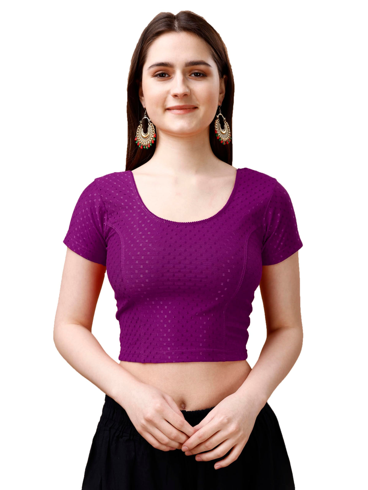 Pujia Mills Womens Readymade Dobby Cotton Lycra Stretchable Round Neck Short Sleeve Blouse Fancy Wine Color Lycra Stretchable B