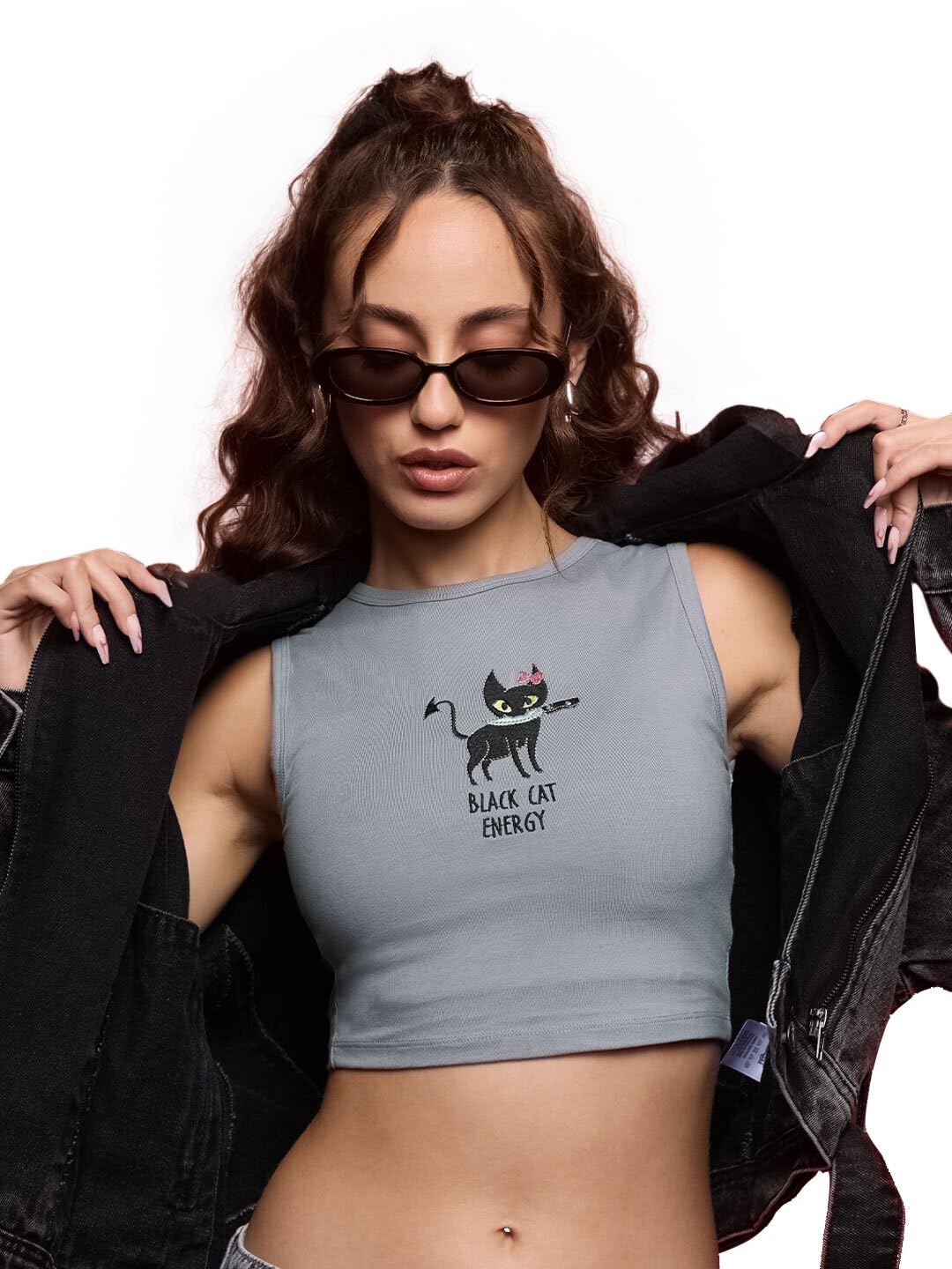 The Souled Store Tank Top: Black Cat Energy Women and Girls Round Neck Sleeveless Grey Embroidered Cotton Blend Slim Fit Tank To