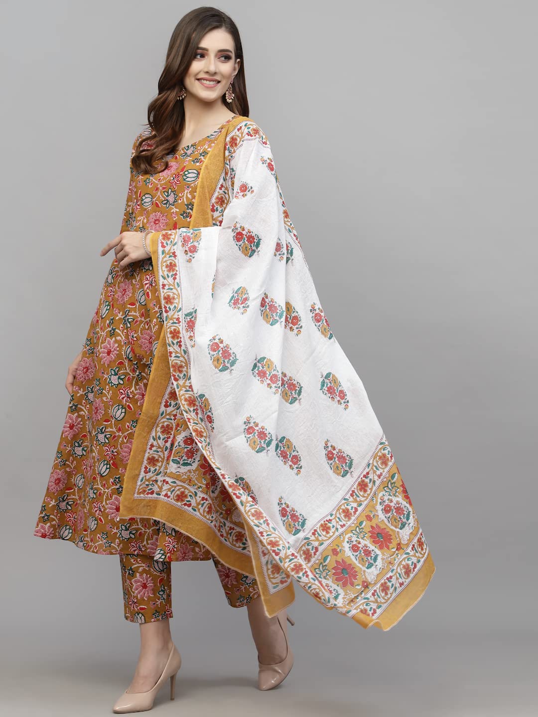 Stylum Women's Floral Printed Cotton Kurta Pant With Dupatta (Mustard)