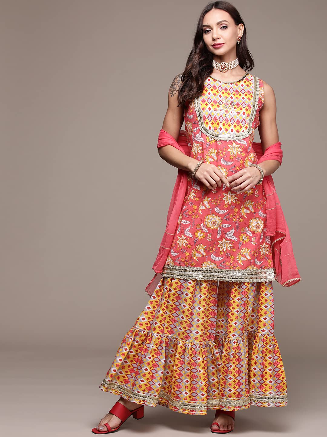 anubhutee Women's Cotton Coral Pink Gota Patti Floral Printed A-Line Kurta Suit Set with Sharara and Dupatta