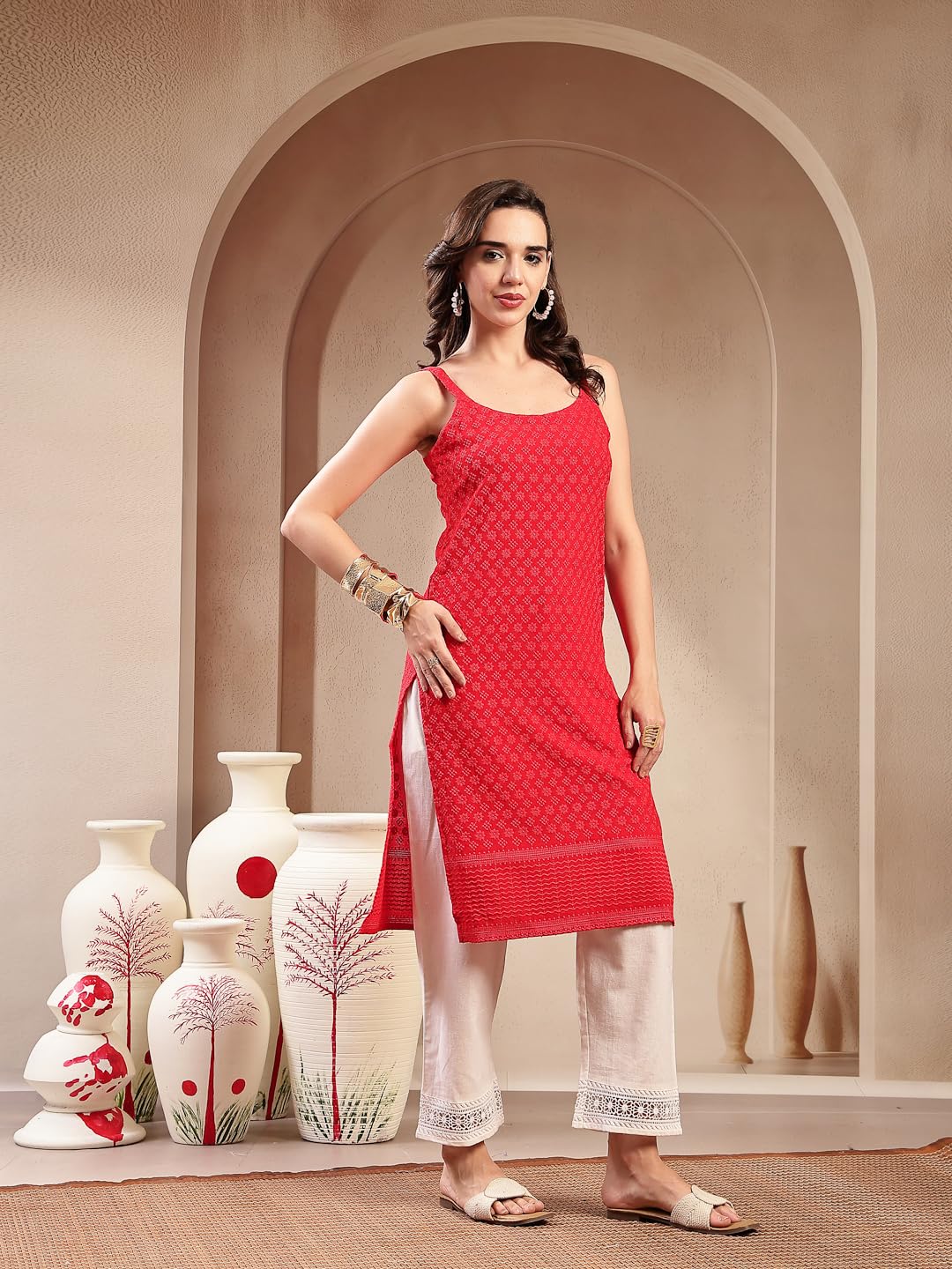Stylum Womens Red Chikankari Rayon Straight Kurta
