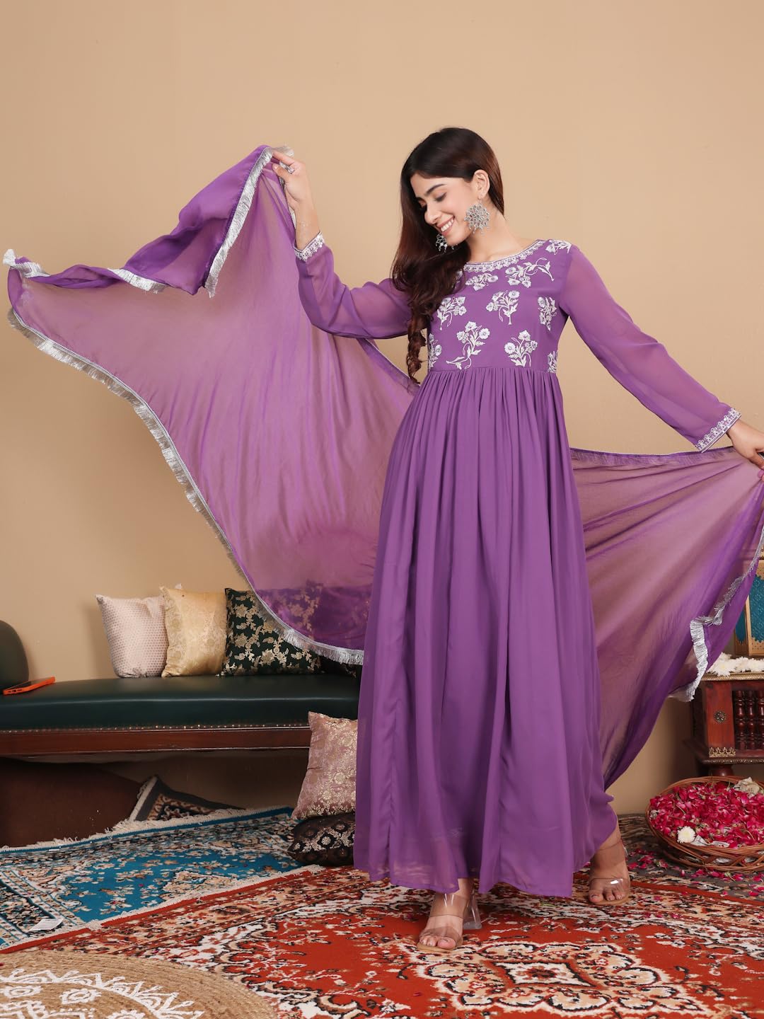 Varanga Lavender Zari Thread Embroidered Flared Kurta with Dupatta for Women