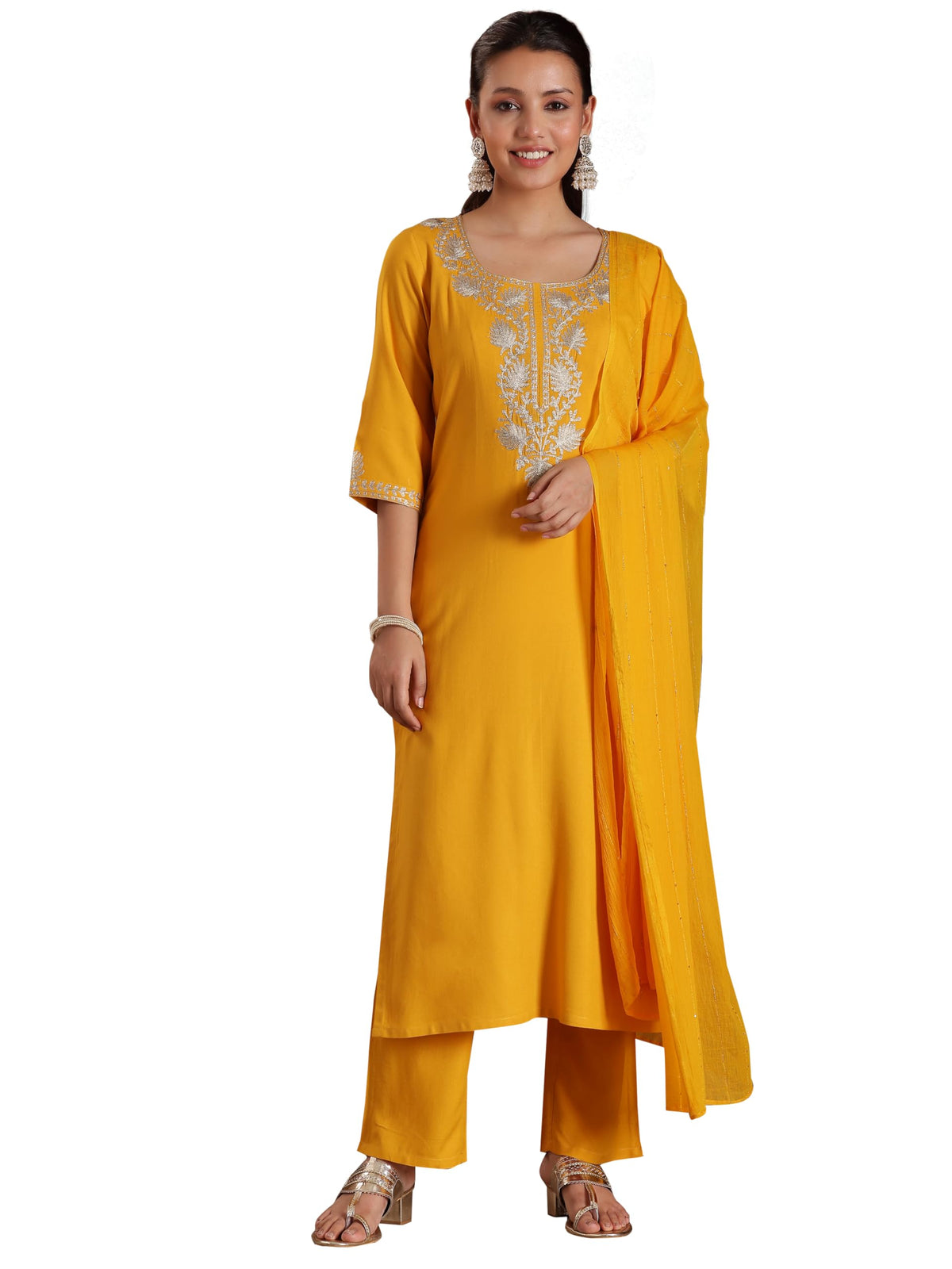 Libas Womens Yoke Design Viscose Straight Kurta With Trousers And Dupatta