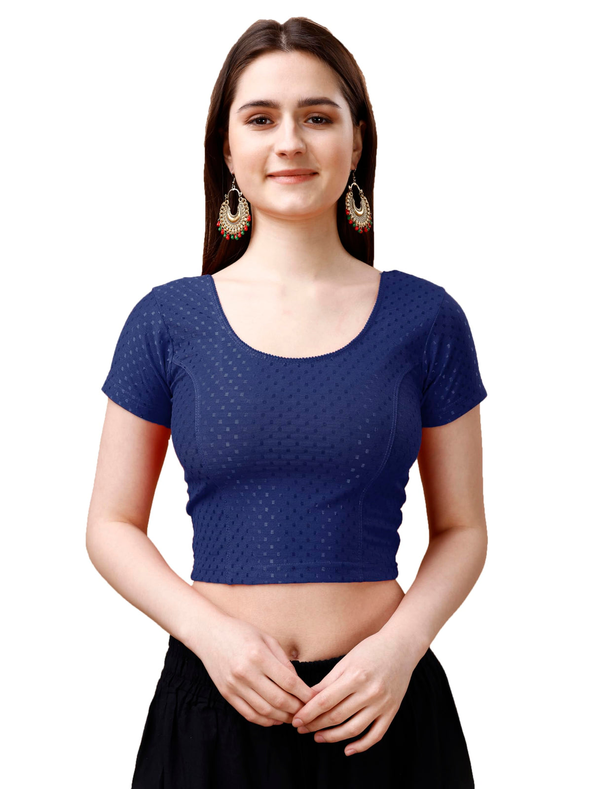 Pujia Mills Womens Readymade Dobby Cotton Lycra Stretchable Round Neck Short Sleeve Blouse Fancy Navy Blue Color Lycra Stretcha