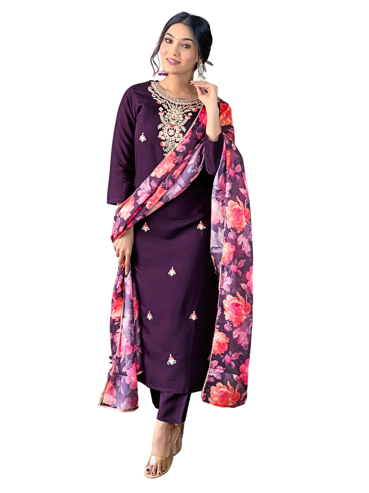Naixa Womens Wine Rayon Blend Embroidered and Printed Straight Kurta with Rayon Blend Pant and Organza Printed Dupatta Sets (NX