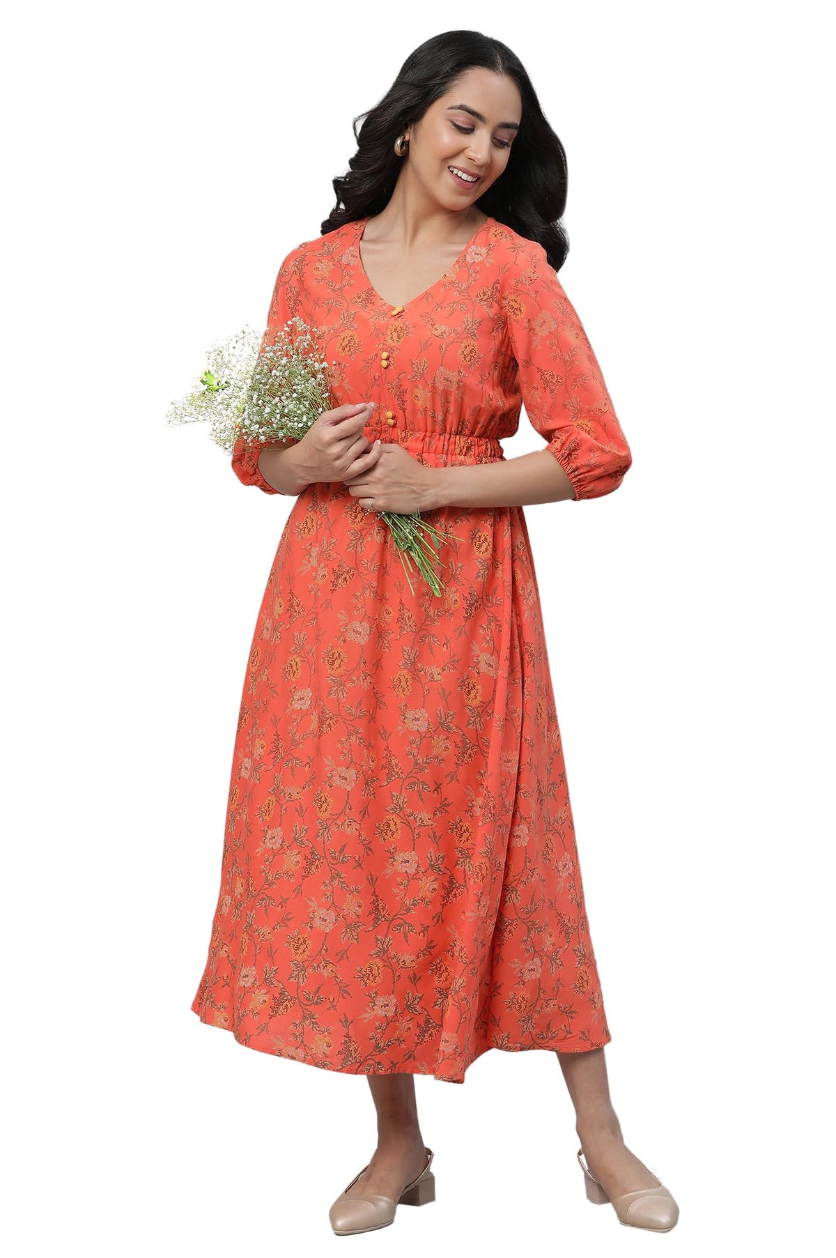 Aurelia Orange Floral Printed Midi Dress For Women