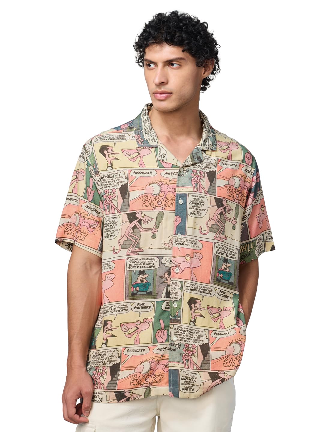 The Souled Store Pink Panther: Comics Men and Boys Short Sleeves Collared Neck Button Front Multicolor All Over Printed Viscose