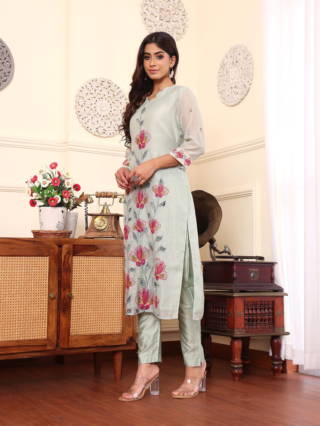 Varanga Women Aqua Blue Thread Embroidered Straight Kurta Set With Printed Dupatta