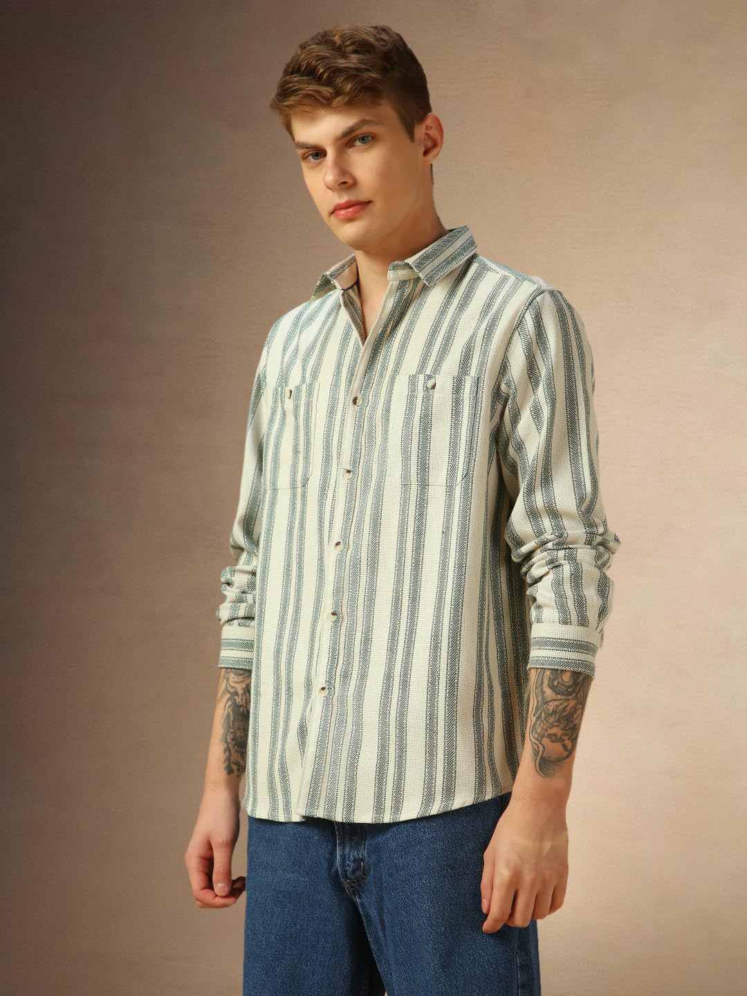 Dennis Lingo Men Cream Stripes Cotton Regular Fit Half Sleeve Shirts
