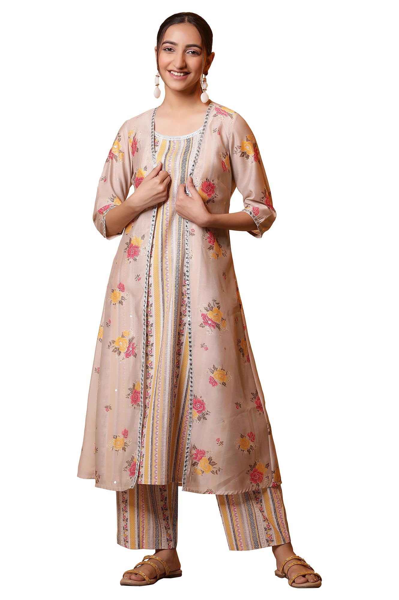 Aurelia Women Rayon Floral Kurta Set (24Feas15130_Beige, Small