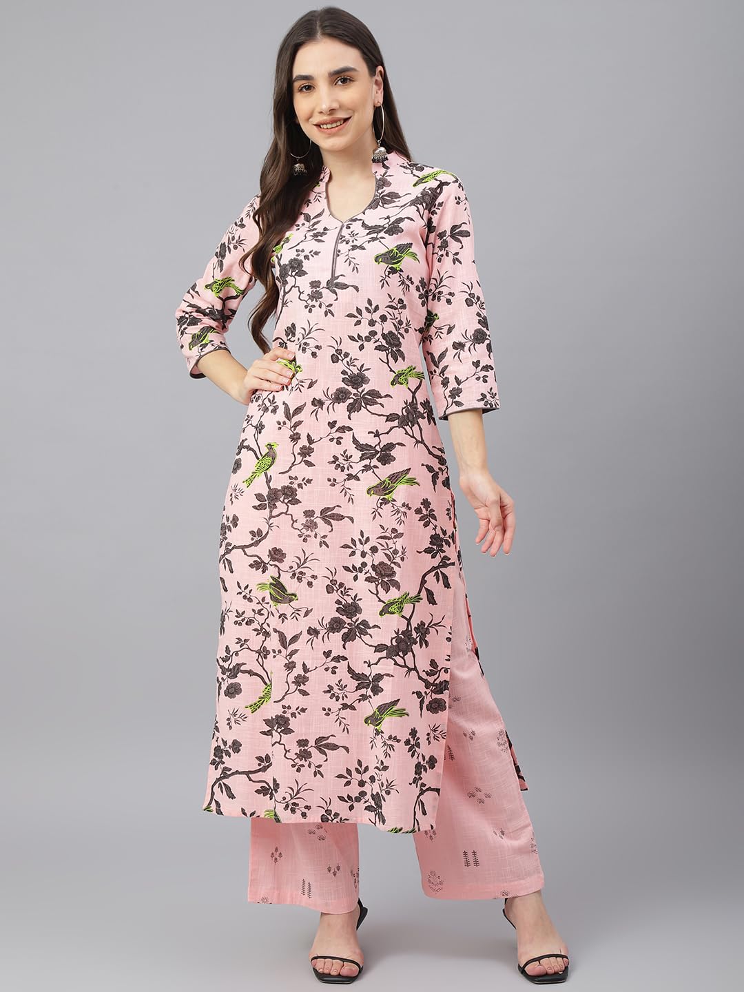 idaLia Grey Print Kurta with Baby Pink Printed Cotton Palazzo Pants