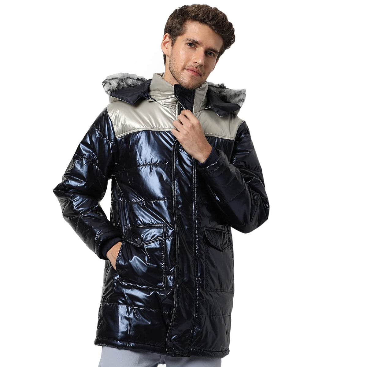 Campus Sutra Mens Black Colour-Blocked Puffer Regular Fit Bomber Jacket For Winter Wear | Hooded Collar | Full Sleeve | Zipper