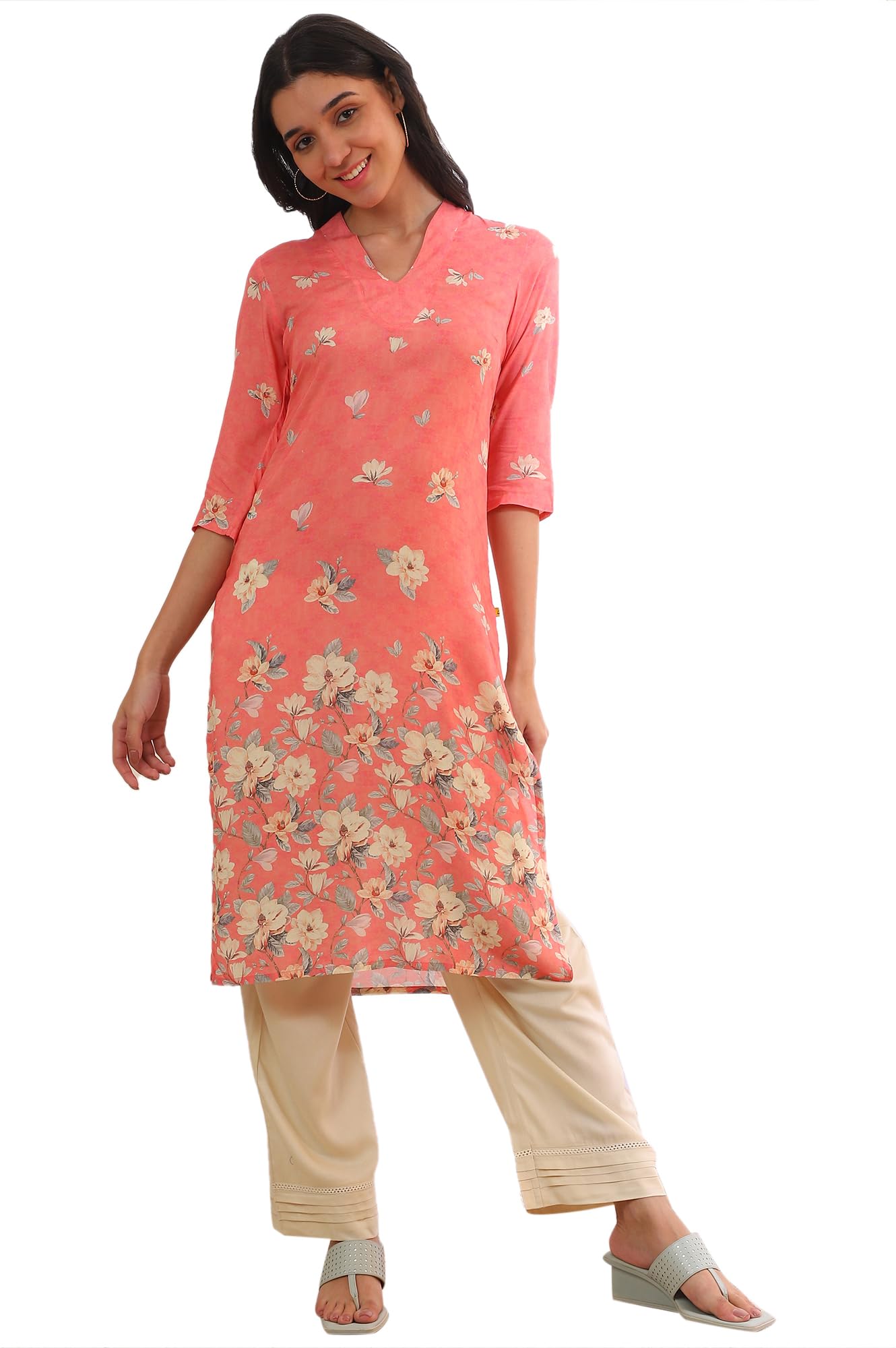 Aurelia Women's Pink Printed Straight Kurta (Size: L)-A15590-507979