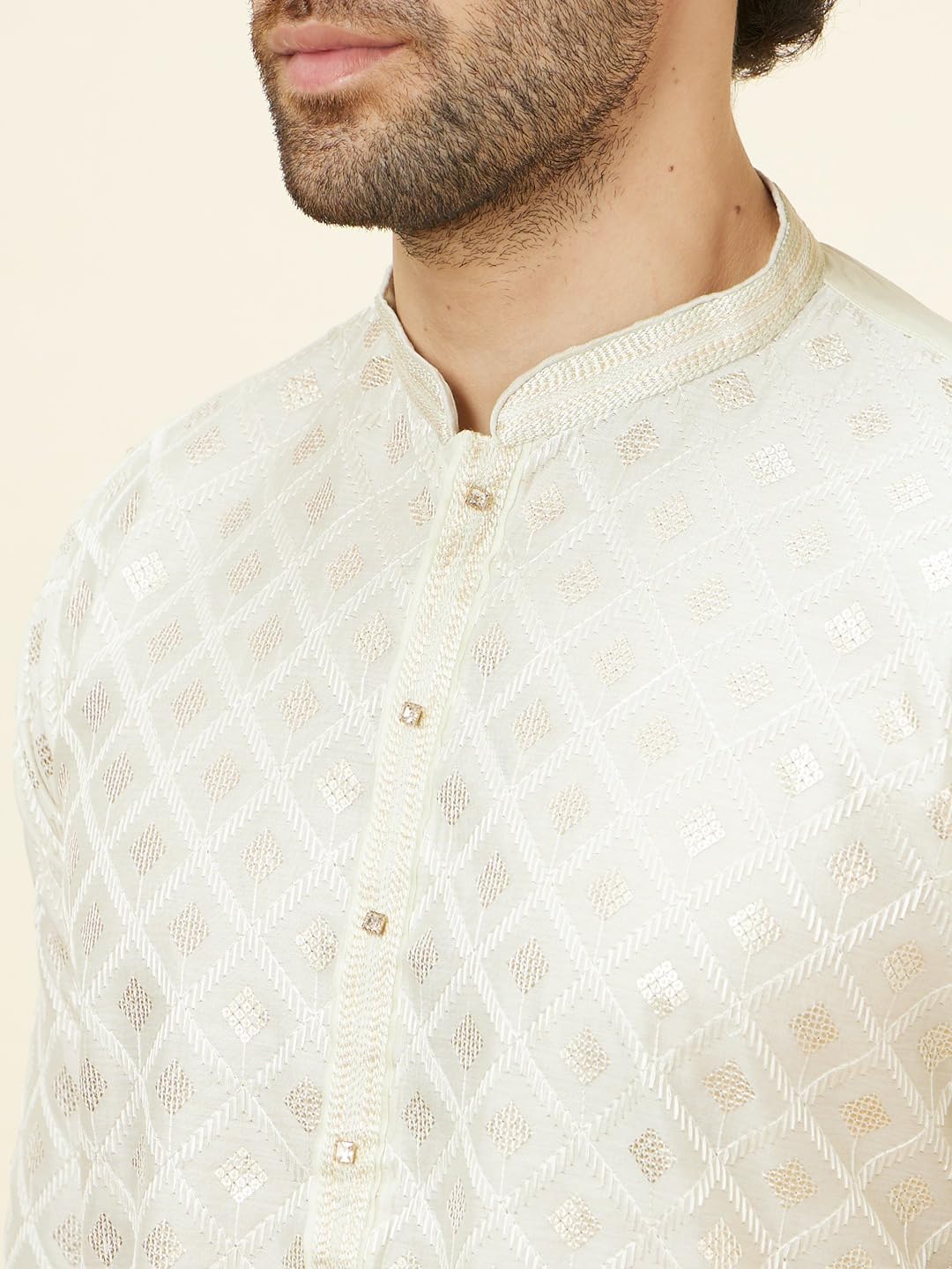 Manyavar Mens Green Chanderi Self Design Kurta Pyjama Set