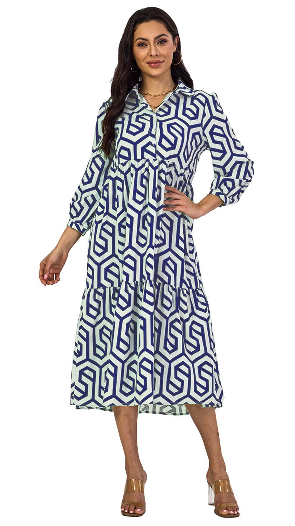 Shasmi Women & Girls Solid Blue Geometric Print Collared Dress With Long Cuffed Sleeves, Panelled Hem And A Button-Up Front Gath