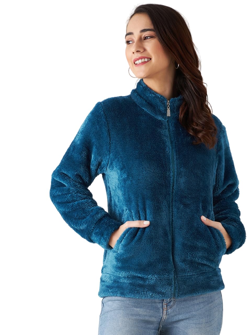 Modeve Women Solid Full Sleeve Jacket For Winter Blue Jacket For Winter