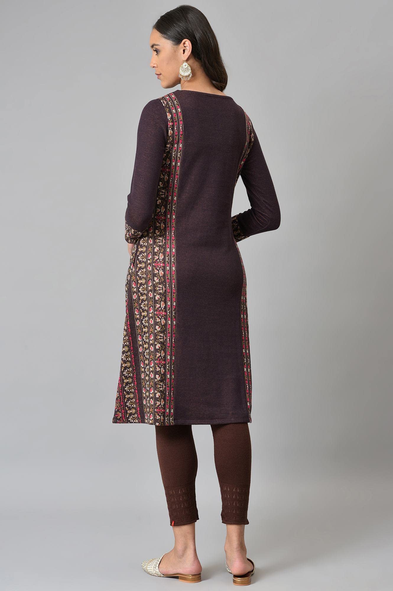 W for Woman Maroon Jacquard Flared Plus Size Winter Kurta