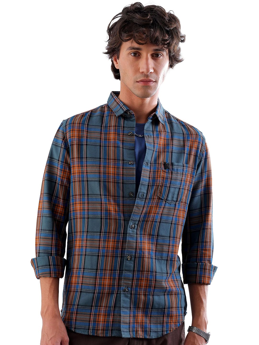 The Indian Garage Co Mens Teal Cotton Slim Fit Full Sleeve Checked Shirt