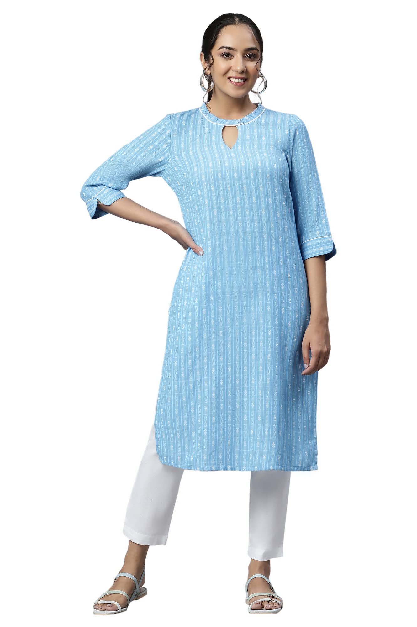 Aurelia Women Ice Blue Dobby Floral Yarn Dyed Straight Kurta_22AUA13342-702535_XS