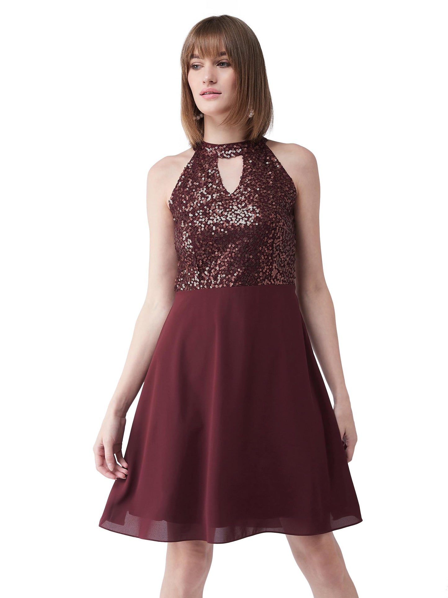 Miss Chase Womens Round Neck Sleeveless Flowy Knee-Long Skater Dress (MCSS24D97-41-184-06, Maroon, XL)