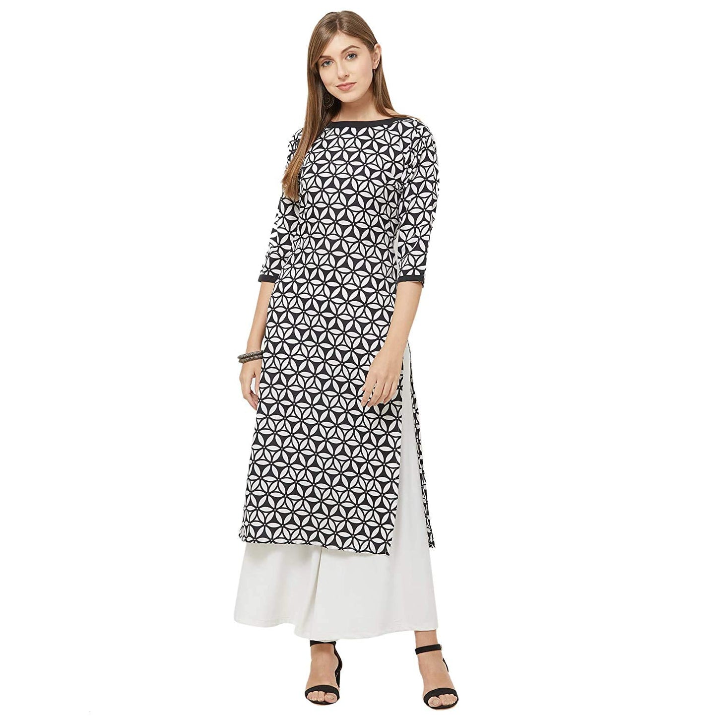 GoSriKi Women's Crepe Straight Kurta (CHAKRI-BLACK & SAAHO-RAMA_Multicolour)