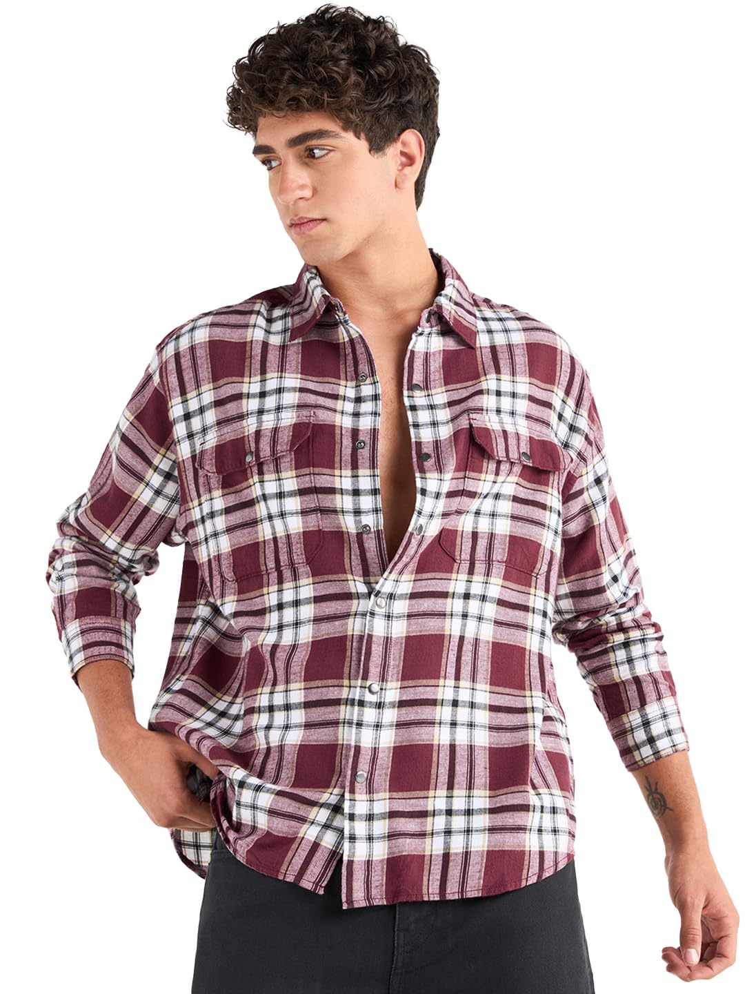 Bewakoof Mens Checked Oversized Fit Full Sleeve Collar Cotton Shirt_652611_Maroon_M