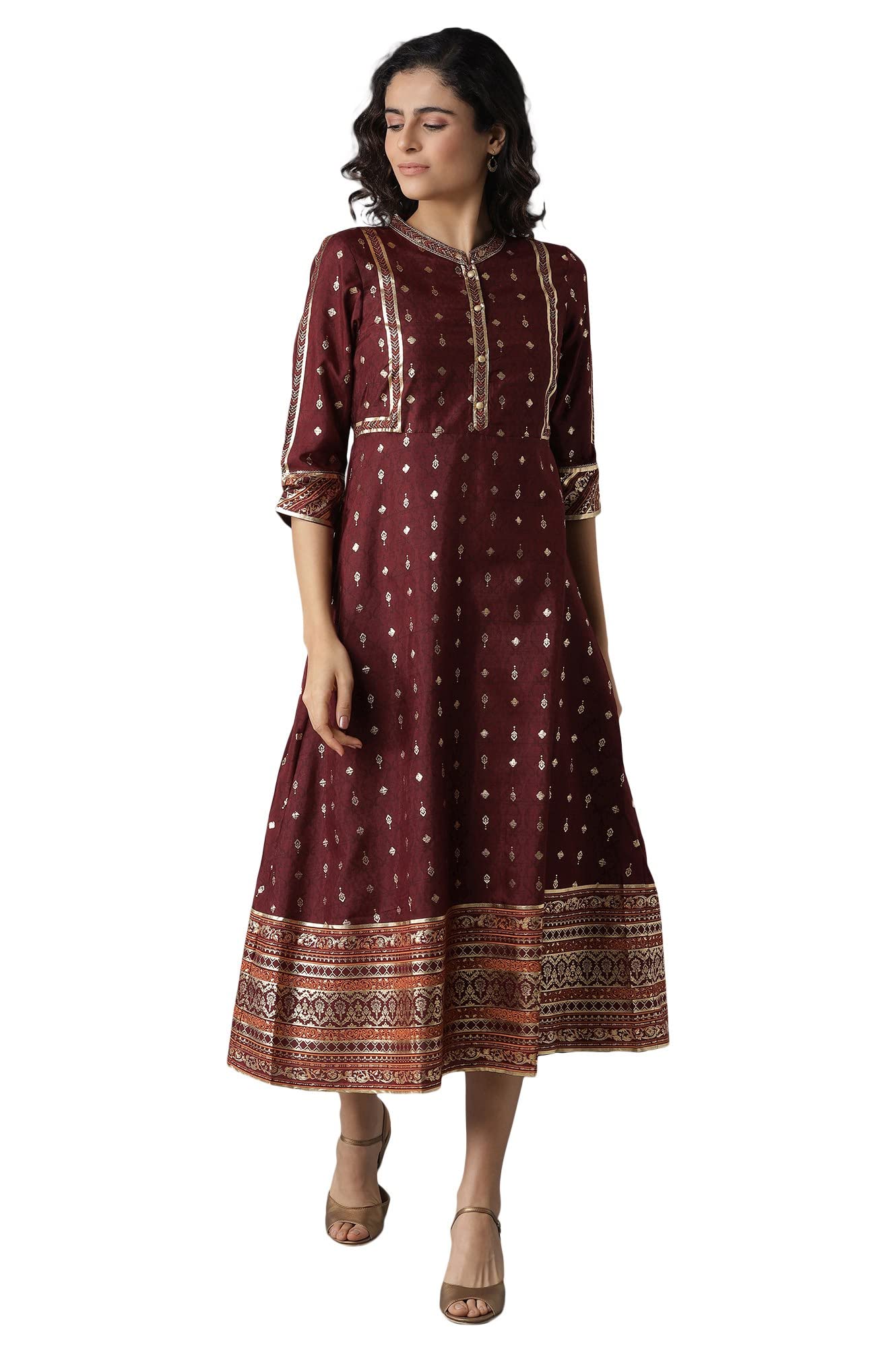 Aurelia Women's Polyester Maroon Print Dress Calf Length (21AUA12392-503458 XS)