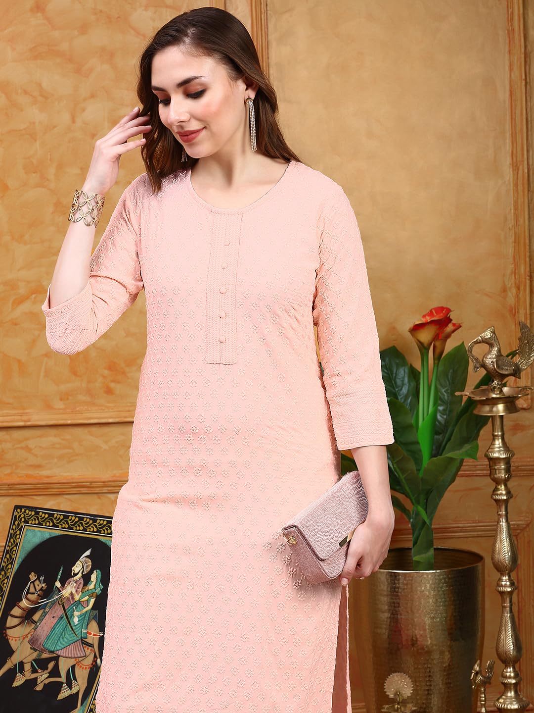 ishin Women Peach Viscose Rayon Kurta