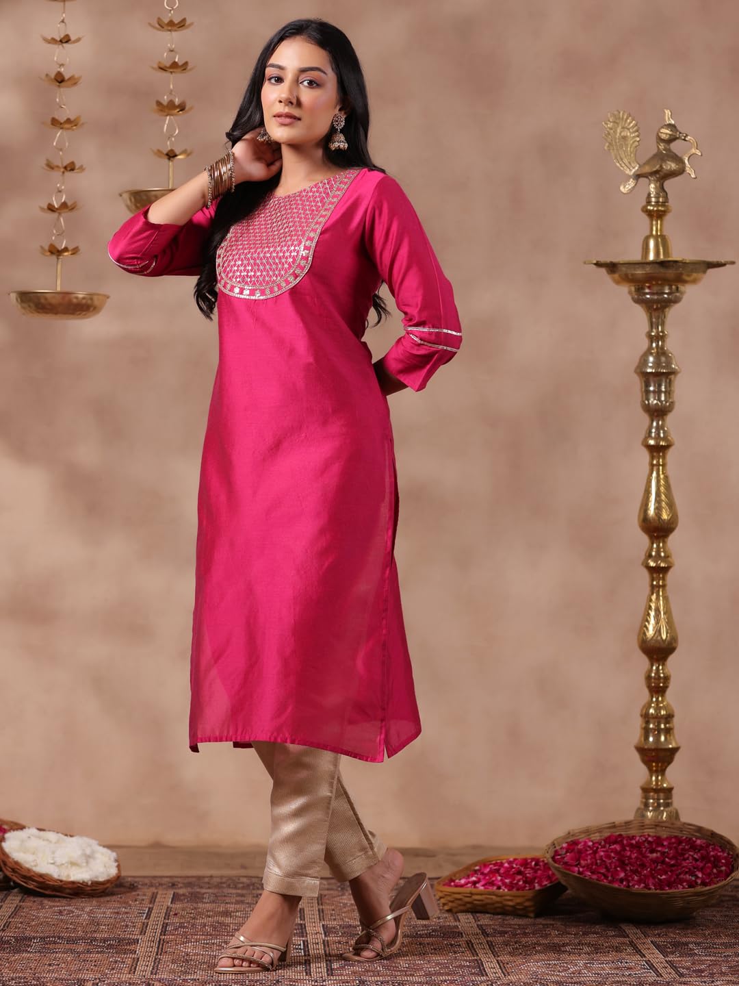 anubhutee Women's Fuchsia Yoke Design Zari Work Silk Blend Straight Kurta