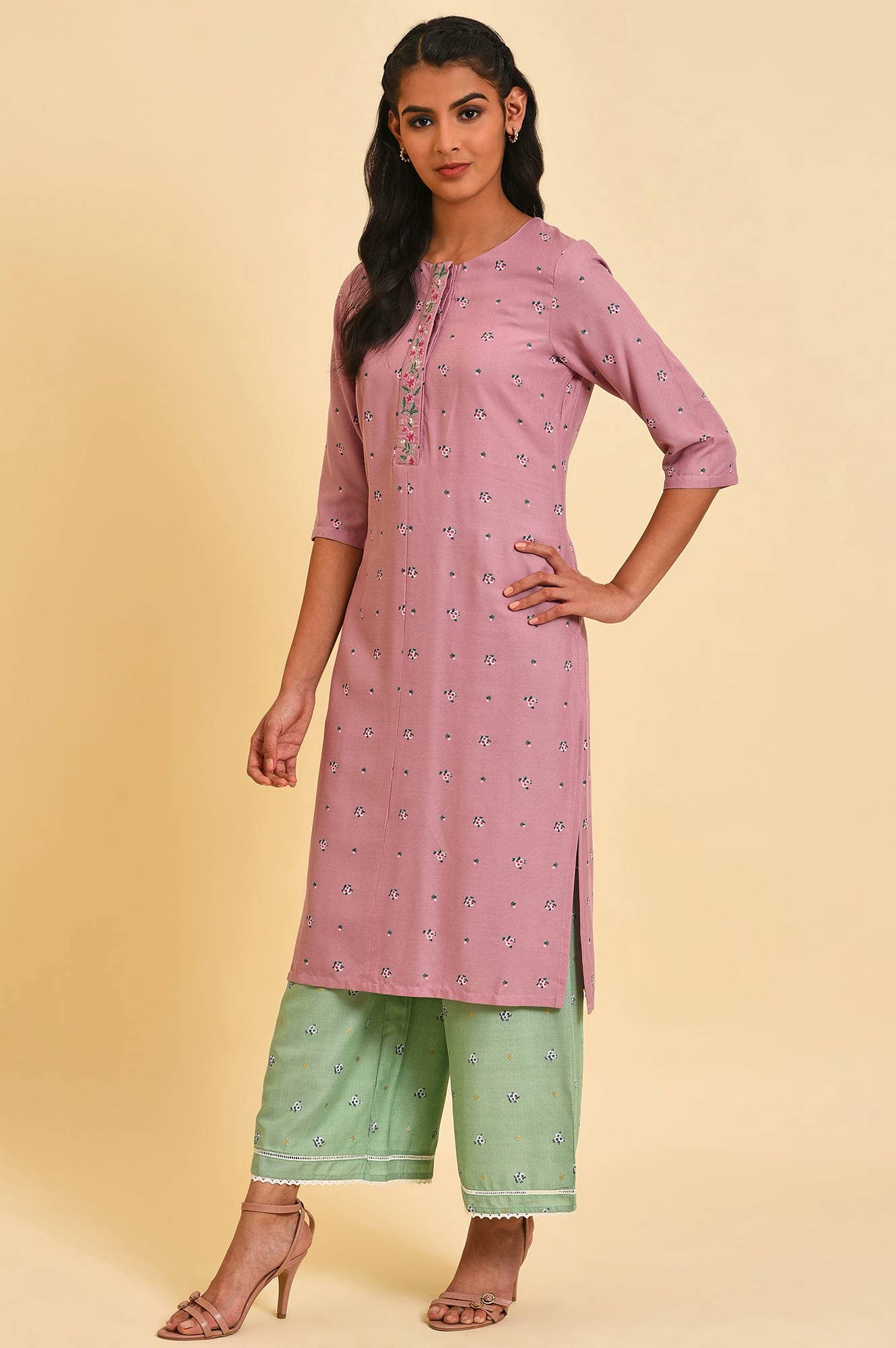 W for Woman Light Purple Printed Kurta with Embroidery
