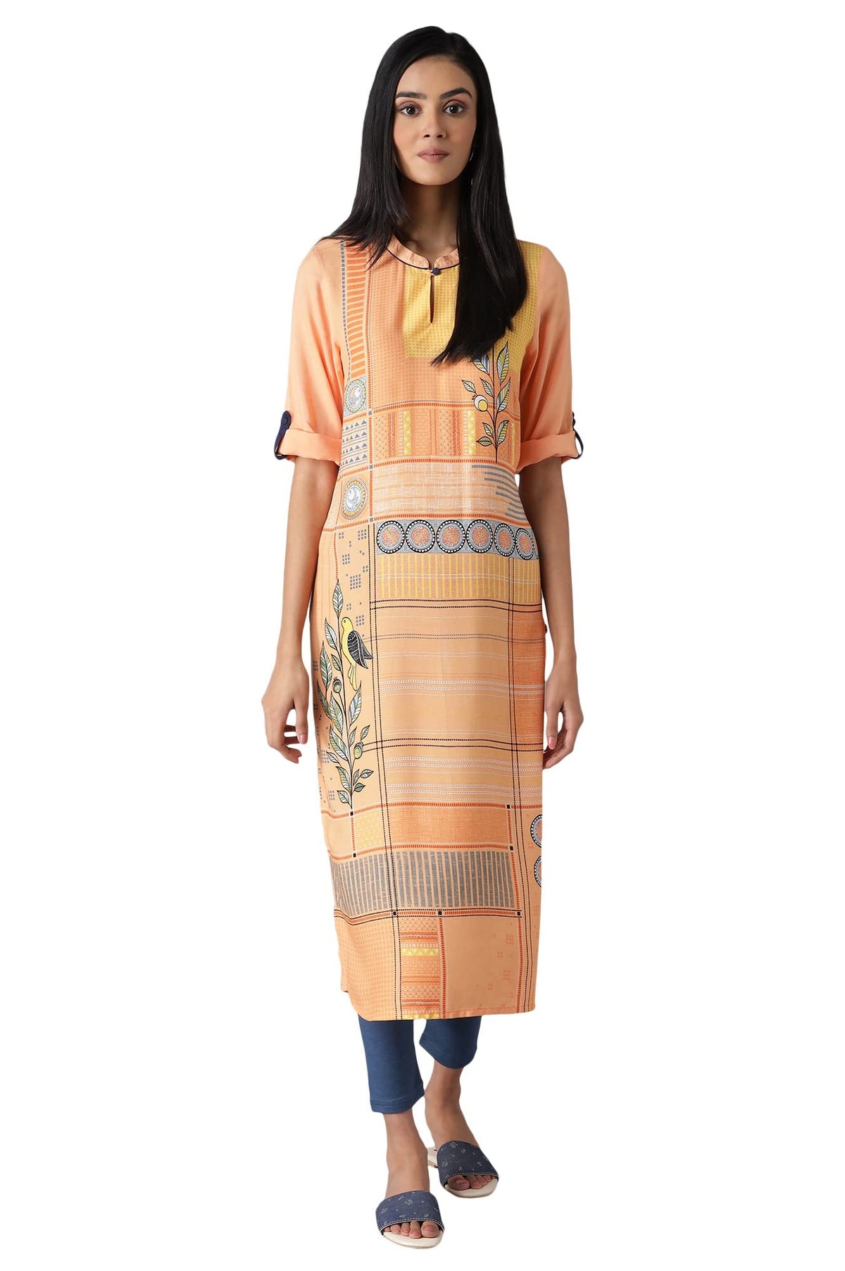 Aurelia Womens Viscose Apricot Wash Geometric Mandarin Collar Straight Kurta