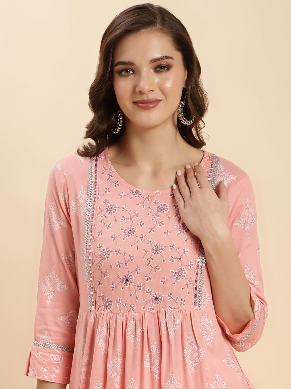 rangita Peach Rayon Embroidered Flared Kurta with Pant | Kurta Set for Women