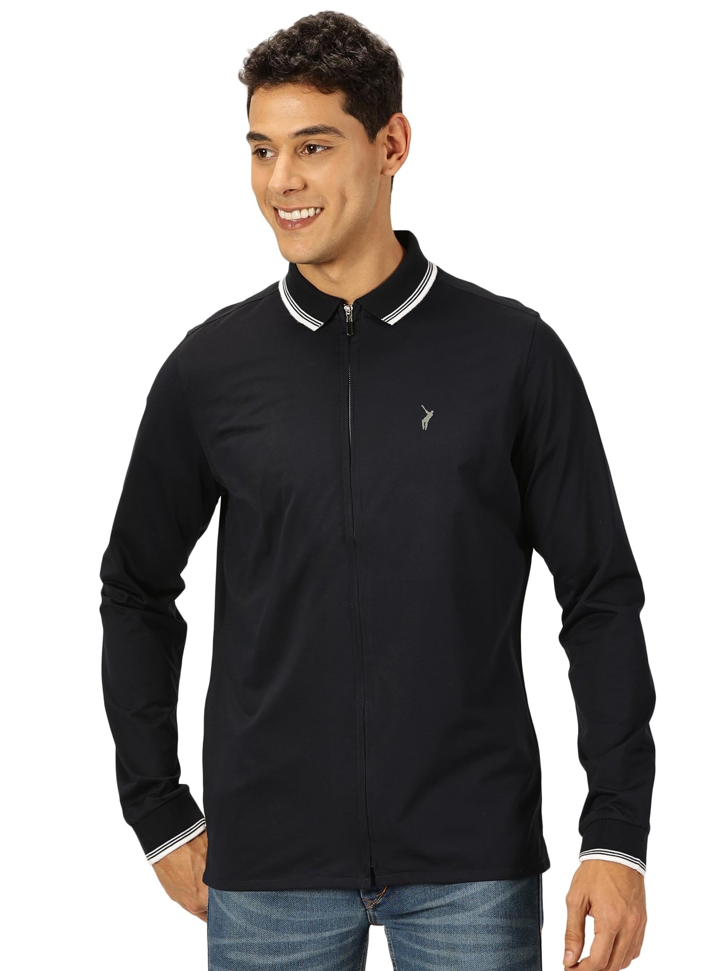 Thomas Scott Full Sleeve Spread Collar Solid Color Jacket with Ribbed On Sleeve for Men Navy