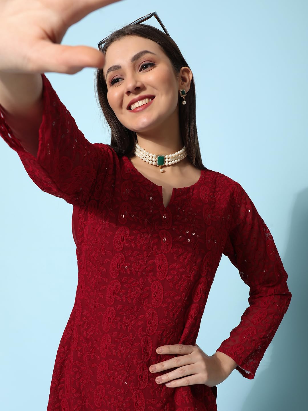Gufrina WomenS Georgette Straight Kurta Palazzo With Notch Neck 3/4Th Sleeves Solid Pattern Chikankari Work Calf Length And Reg