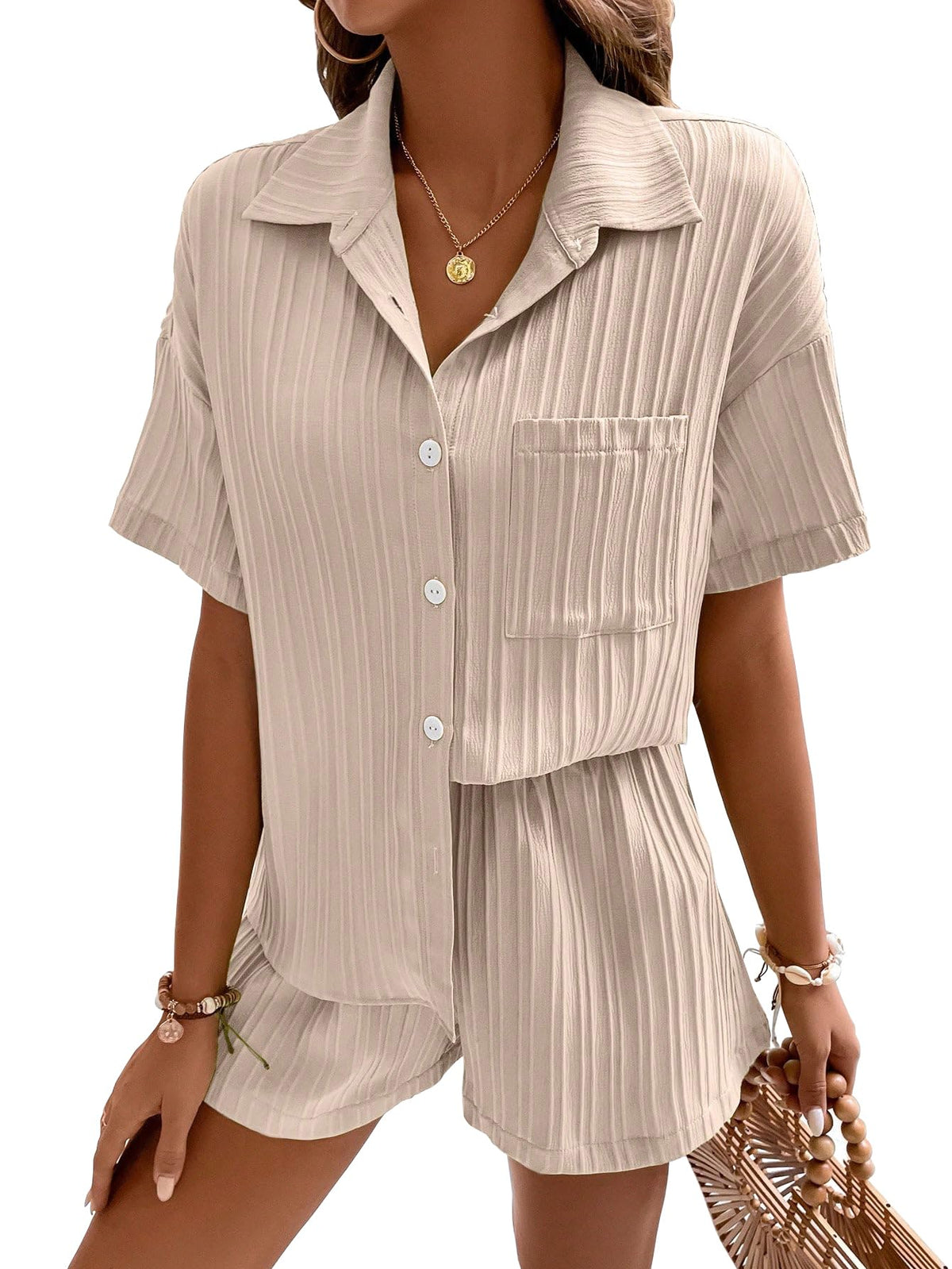 Shasmi Women & Girls Beige Solid Color Button Front Vacation Solid Texture Short Sleeve Loose Fit Drop Shoulder Pocket Shirt and