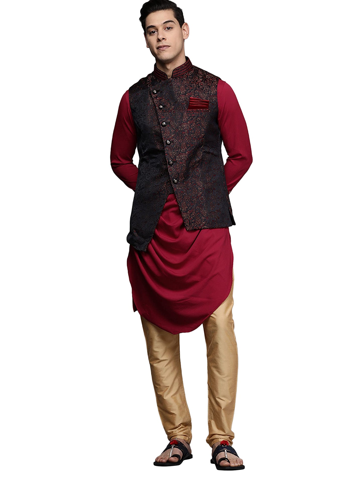 Manyavar Kurta Jacket Set for Men, Full Sleeves Mandarin Collar Ethnic Kurta Jacket Set for Festival, Wedding, Party dex (Re