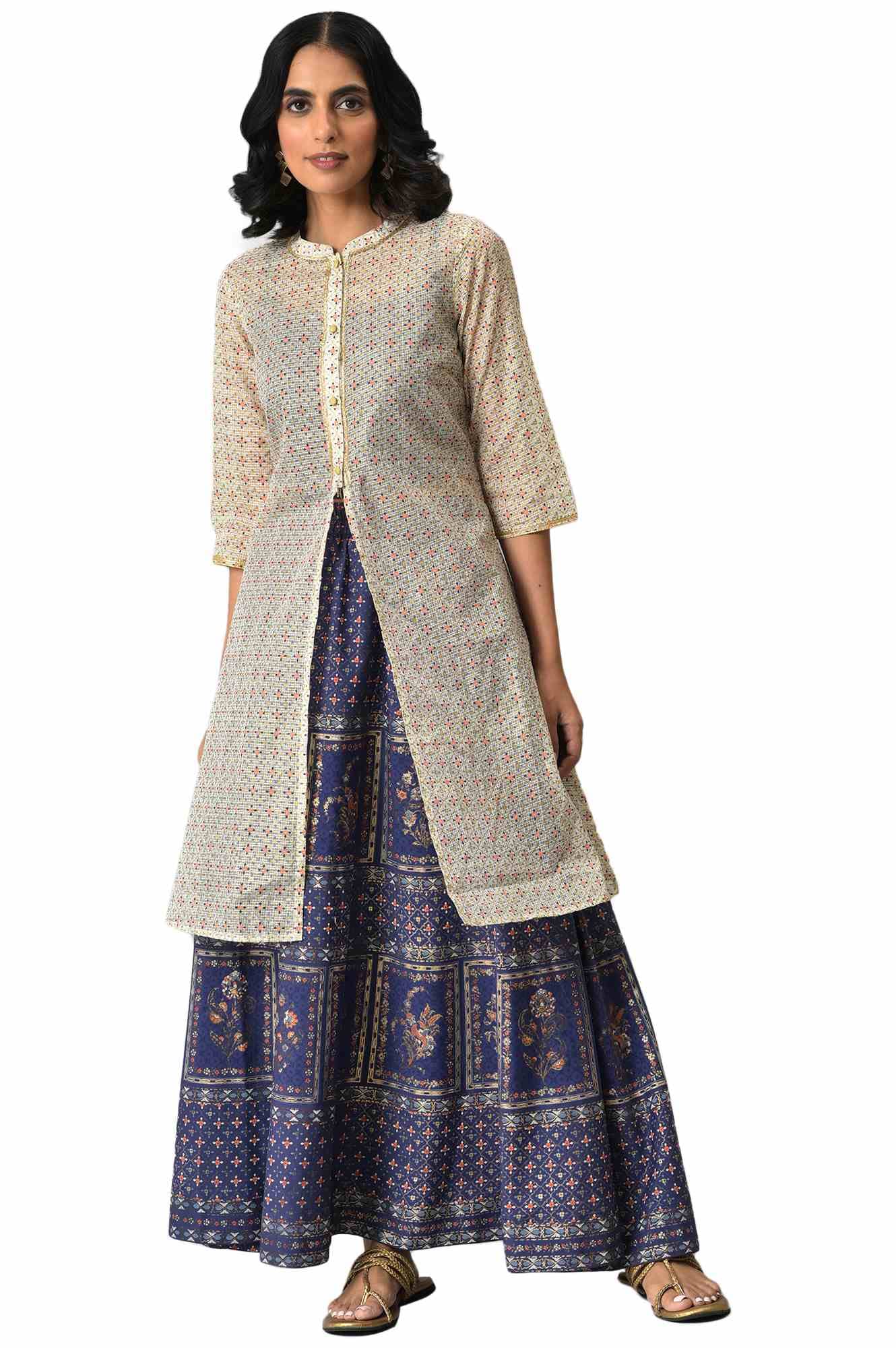Aurelia Women Natural Kota Floral Print Gilet With Navy Printed Top And Skirt_22Auas13626-505194_L
