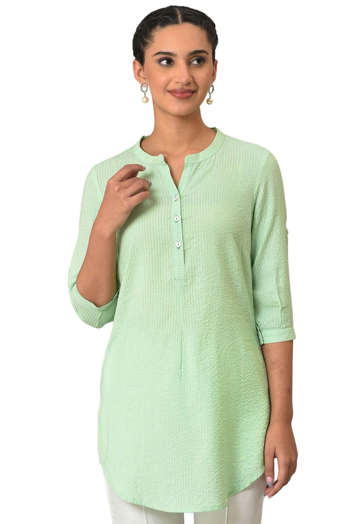 Aurelia Green Textured Cotton Rayon Blend Regular Kurti