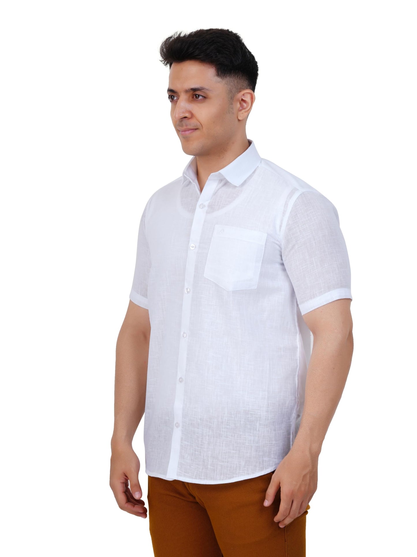 PRAKASAM COTTON Self Design Cotton Linen White Half Sleeve Shirt for Mens/Cotton Linen Regular Fit Shirt for Mens
