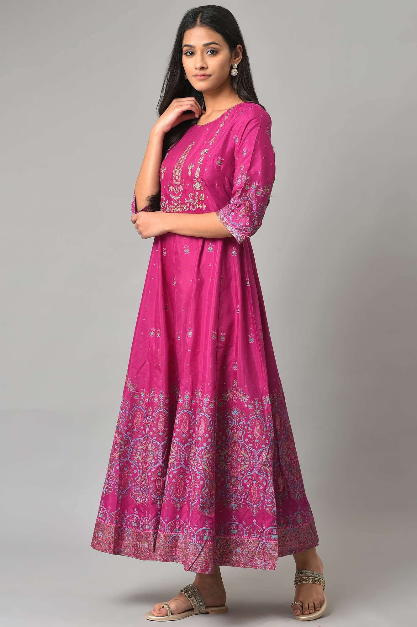 W Purple Embroidered Synthetic Glitter Maxi Dress For Women