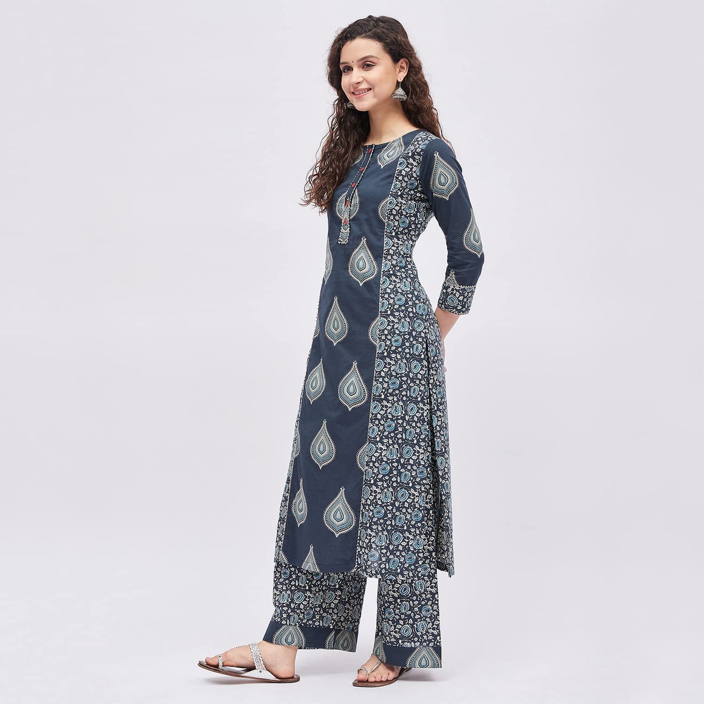 Tissu Women's Cotton Blue & Sea Green Printed Kurta with Palazzo