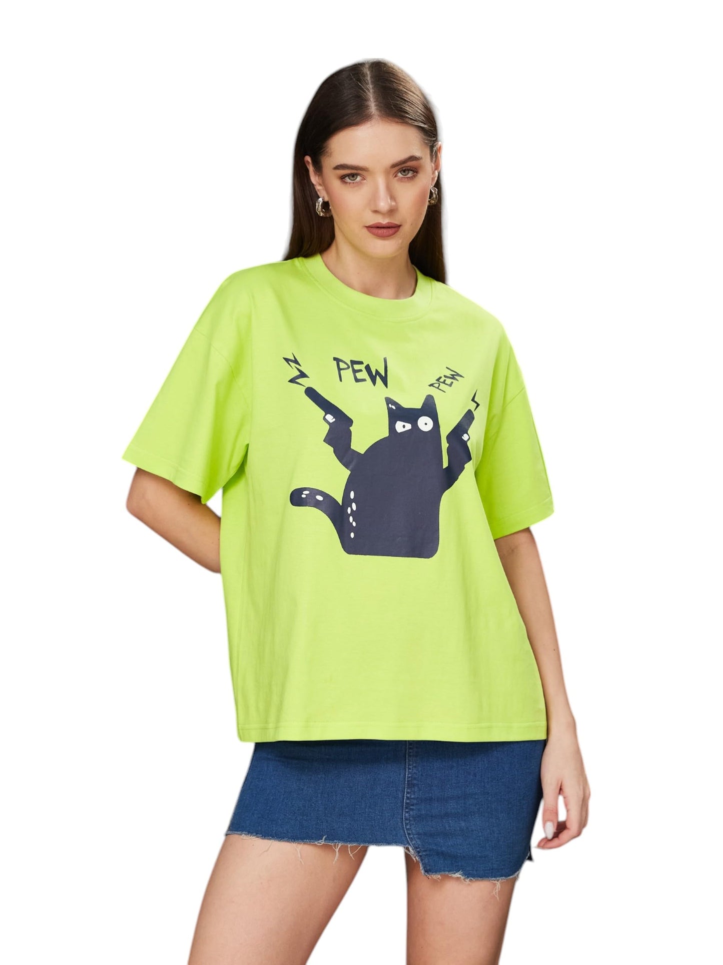 Miss Chase Womens Round Neck Half-Sleeve Cartoon-Printed Oversized Cotton T-Shirt (MCS24TS01-62-311-06, Lime Green, XL)